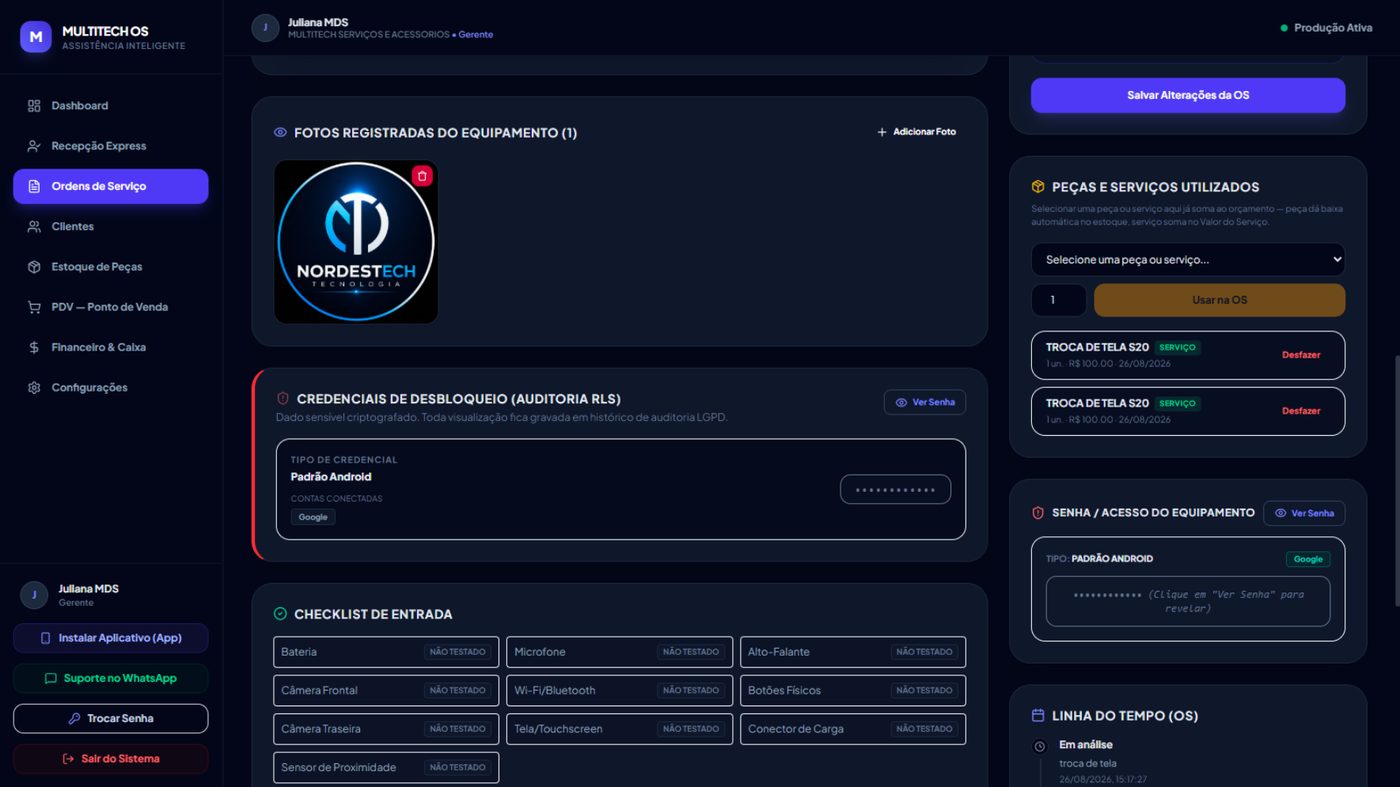Peças e serviços utilizados na Ordem de Serviço