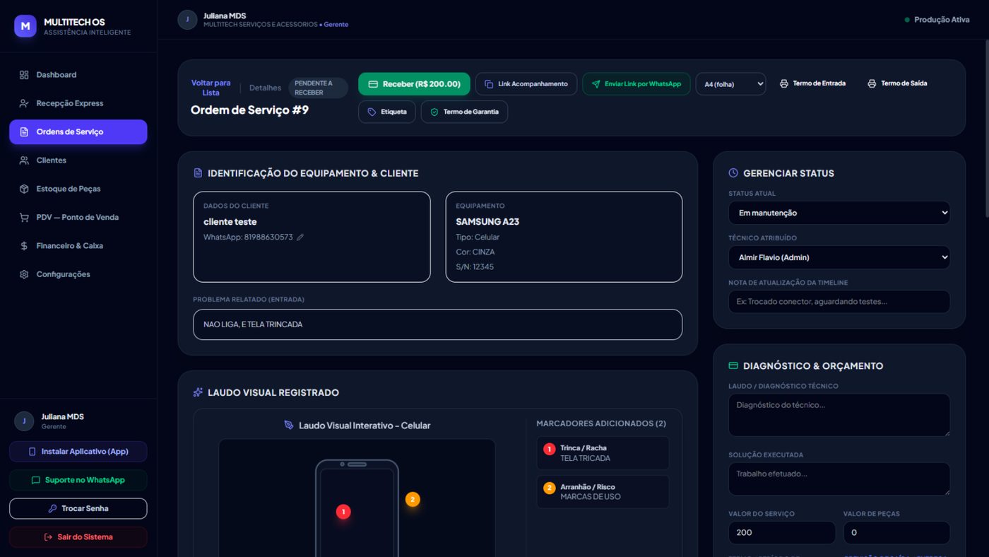 Detalhe da Ordem de Serviço com laudo visual e status