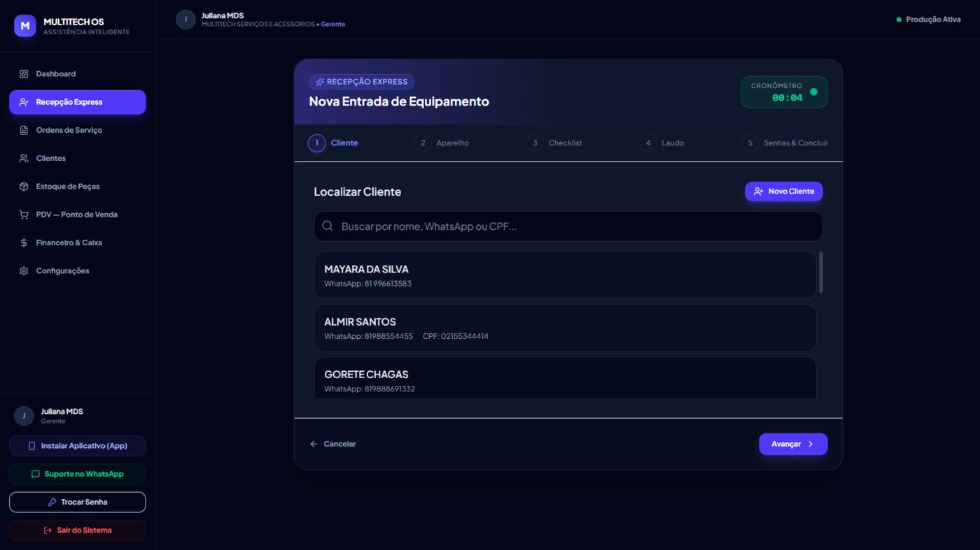 Tela de Recepção Express localizando cliente